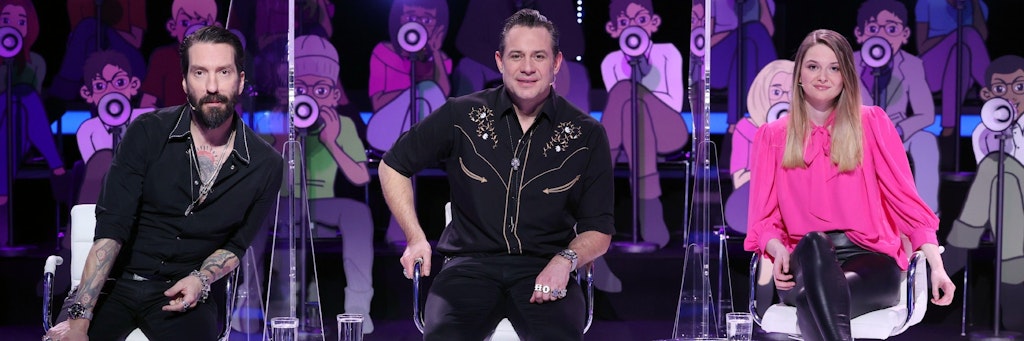 Die Besetzung der ersten Folge „I Can See Your Voice“: Alec Völkel und Sascha Vollmer von „The BossHoss“ mit Superfan Marleen.