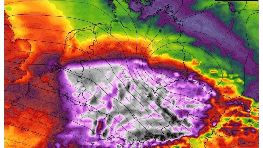 Die Wetterkarte zeigt die Windgeschwindigkeiten über Deutschland. Die Spitzen von etwa 120 km/h liegen im grauen Bereich.