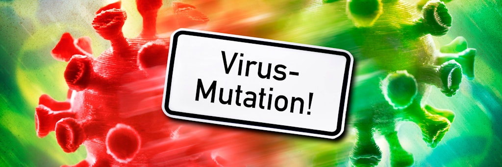 FOTOMONTAGE, Mutierender Coronavirus, Symbolfoto Virus-Mutation *** PHOTOMONTAGE, mutating coronavirus, symbol photo virus mutation