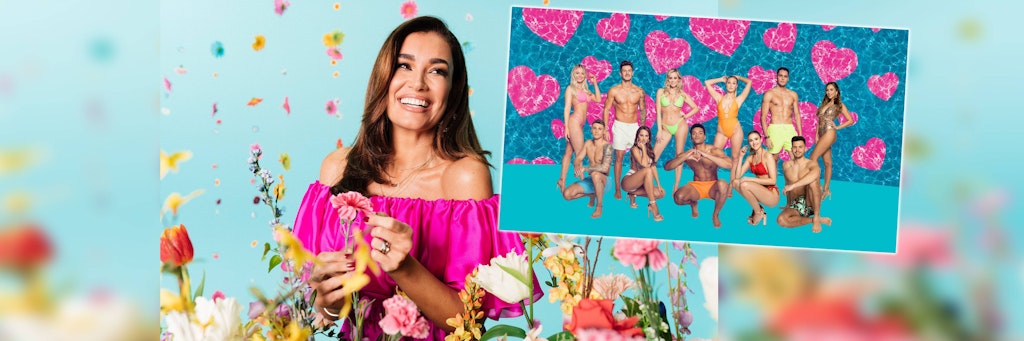 „Love Island“-Moderatorin Jana Ina Zarrella und die Kandidatinnen und Kandidaten der fünften Staffel.