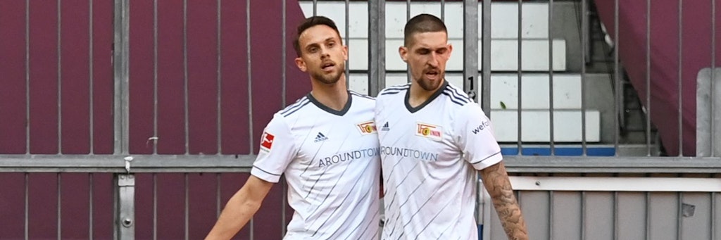 Vollstrecker und Vorlagengeber freuen sich: Marcus Ingvartsen (l.) bejubelt mit Robert Andrich den 1:1-Ausgleich.