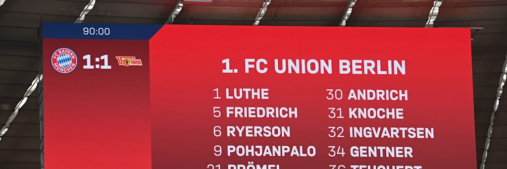 Die Anzeigetafel mit dem 1:1-Endstand beim Spiel der Eisernen in München. Union gehört wie der FC Bayern zu einem sehr illustren Siebenerklub. <br><br><br>