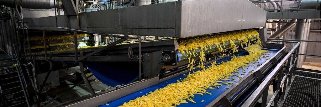 In der Pommes-Fabrik von Leuze-En-Hainaut laufen die frischen Fritten in Massen vom Band.