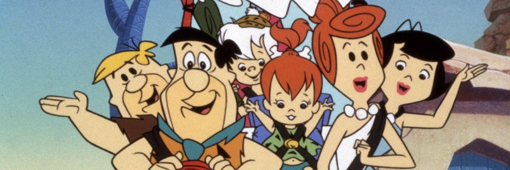 „Familie Feuerstein“ (Fred und Wilma Feuerstein mit Tochter Pebbles (vorne) sowie die Nachbarn Betty und Barney Geröllheimer mit Söhnchen Bamm-Bamm) war die erste Trickfilmreihe im Abendprogramm.