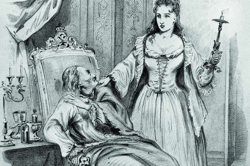 Die Weiße Frau erscheint Preußens König Friedrich I. in seinen Gemächern im Berliner Residenzschloss kurz vor seinem Tod im Februar 1713 (Lithografie aus dem Jahr 1851).
