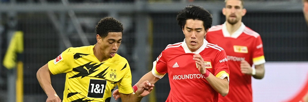 Keita Endo – hier im Duell mit Dortmunds Jude Bellingham – will kommende Saison bei Union richtig durchstarten.