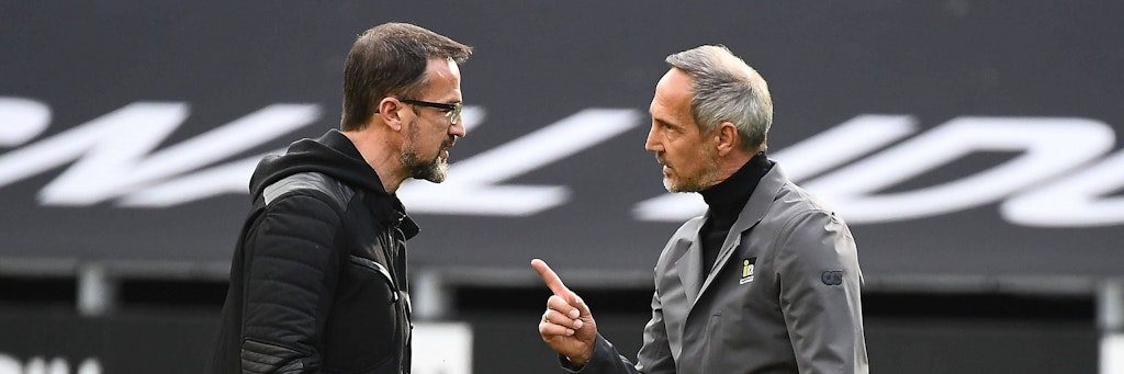Stehen trotz des sportlichen Aufschwungs beide vor dem Absprung: Frankfurts Sportvorstand Fredi Bobic und Cheftrainer Adi Hütter (r.).