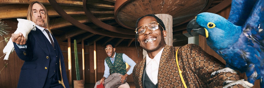 Von links: Iggy Pop und sein musikalischer Molukkenkakadu Biggy inspirierten Gucci vor ein paar Monaten zu einer fröhlichen Kampagne. Auch die Rapper Tyler, The Creator und A$AP Rocky haben darin einen Aufrtitt – sowie ein wirklich prächtiger Hyazinth-Ara.
