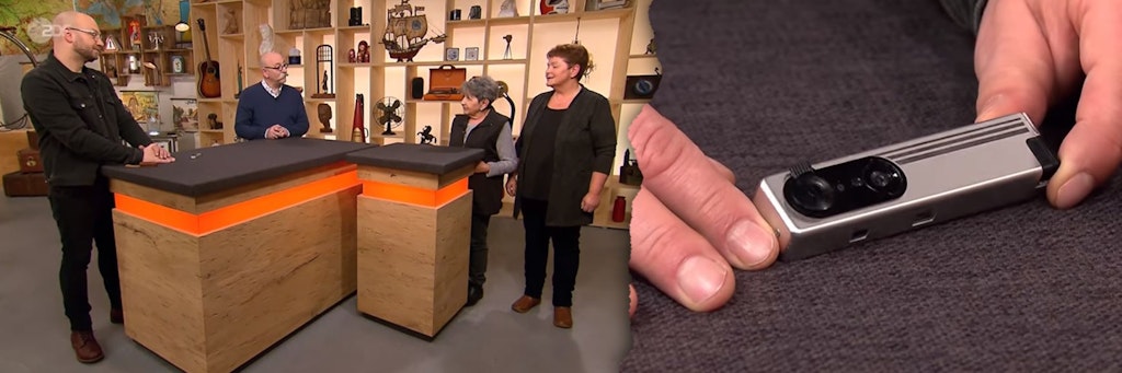 Diese Feuerzeug-Kamera kam bei „Bares für Rares“ unter den Hammer: Im Studio: Experte Sven Deutschmanek, Moderator Horst Lichter und die Kandidatinnen Regine Wiedenhoff und Anja Friedrich.