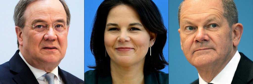 Kanzlerkandidaten und -kandidatin: Armin Laschet (CDU, l.), Annalena Baerbock (Grüne) und Olaf Scholz (SPD)