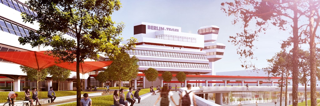 Blick in die Zukunft: So soll es in ein paar Jahren am Flughafen Tegel aussehen, wenn die Berliner Hochschule für Technik eingezogen ist.