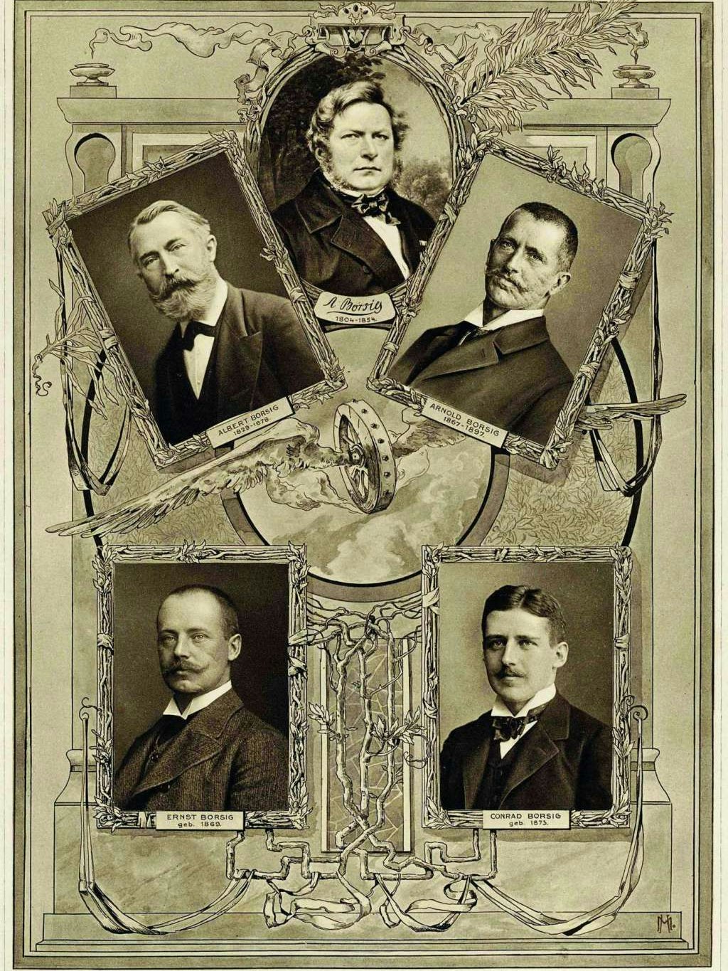 Von Borsig zu Borsig. In der Mitte thront August, der Gründer der Borsig-Werke, links sein Sohn Albert, neben und unter ihm seine Söhne Arnold, Ernst und Conrad.