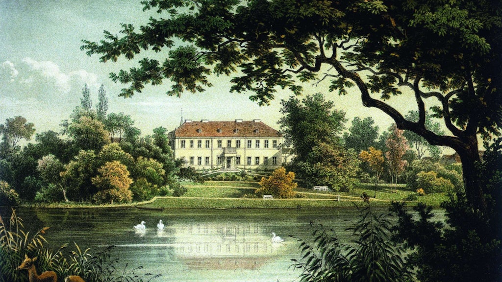 Vom Rittergut zum Landgut. Die Farblithografie zeigt das Herrenhaus der Familie von Itzenplitz am Groß Behnitzer See um 1860. Albert Borsig kaufte es samt Logierhaus und Ländereien sechs Jahre später – und errichtete dazu ein Ziegelstein-Ensemble.