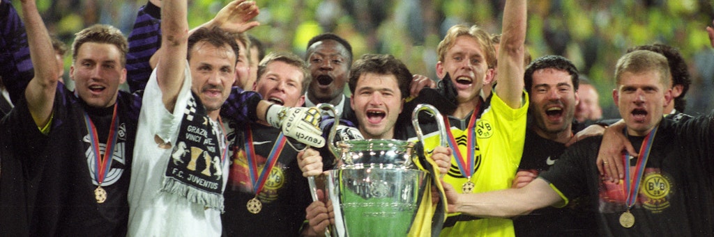 Jörg Heinrich (3.v.r) wurde mit Borussia Dortmund Champions League Sieger, beendete später seine Karriere beim 1. FC Union. 