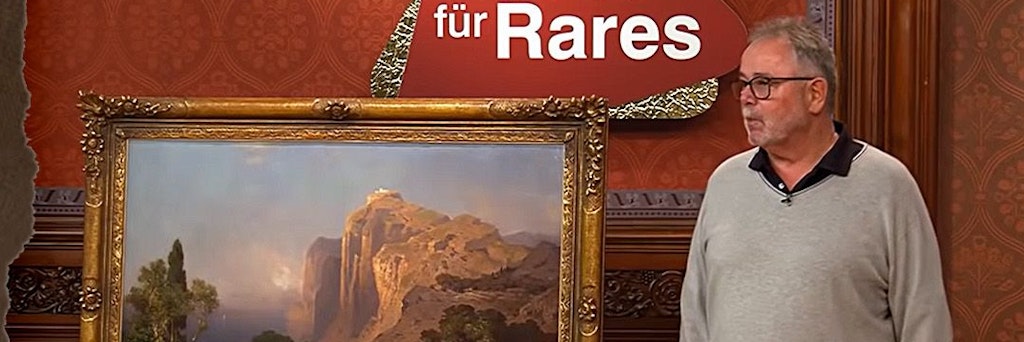 Kandidat Harald Puschmann mit seinem Gemälde im Händlerraum bei Bares für Rares. Für den alten Schinken gab es richtig viel Geld.