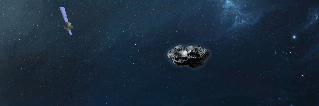 Die Computersimulation zeigt die Sonde „Hera“ im Anflug auf den Asteroiden „Didymoon“.