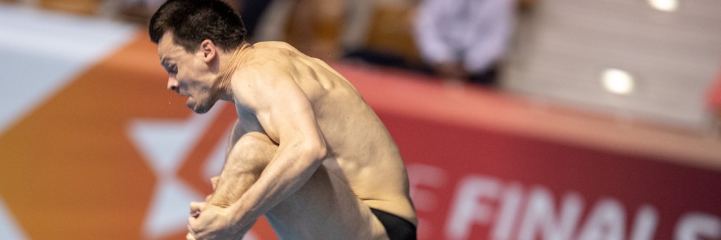 Patrick Hausding vom Berliner TSC beim gehockten Salto. Er ist kurz vor Olympia in Topform.