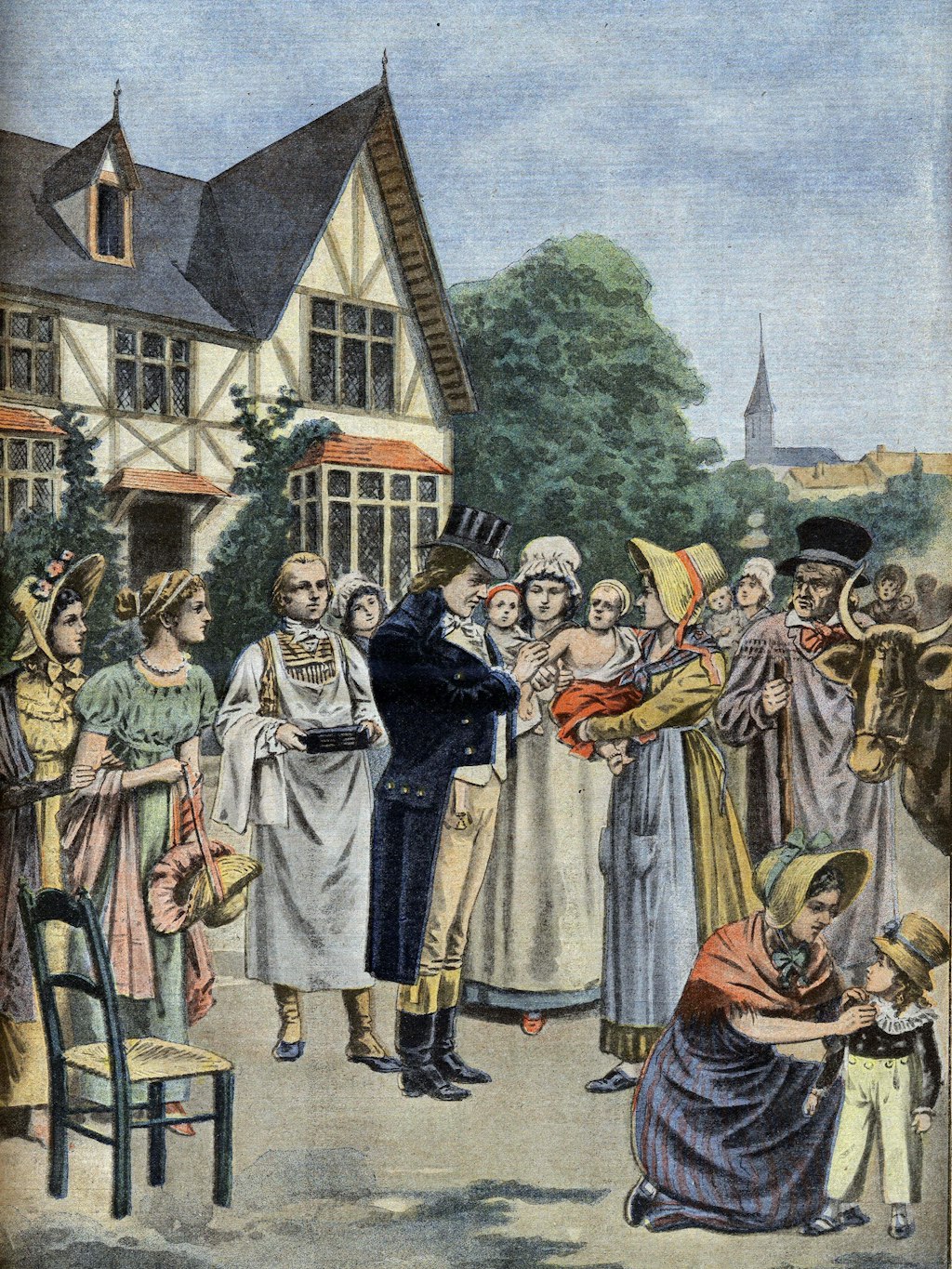 Das Bild illustriert, wie der englische Landarzt Edward Jenner Kinder gegen Pocken impft.