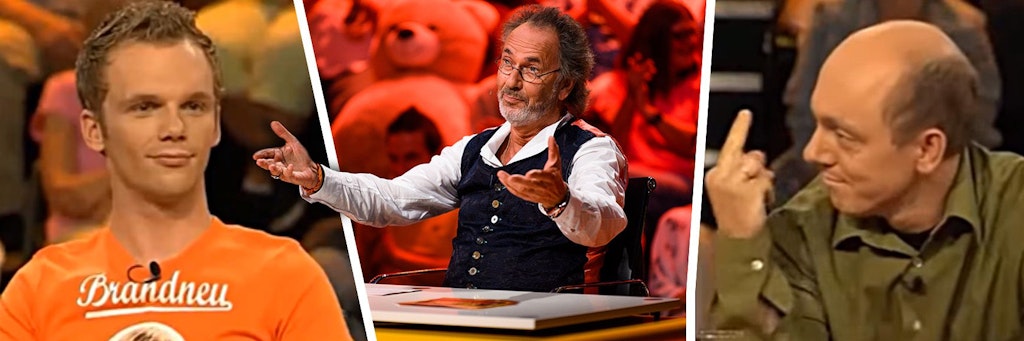 Die Szene war im Jahr 2004 erstmals im TV zu sehen. Damals gerieten Ralf Schmitz (l.) und Bernhard Hoecker (r.) aneinander. Mitte: Hugo Egon Balder moderiert auch die neuen Folgen von „Genial daneben“.