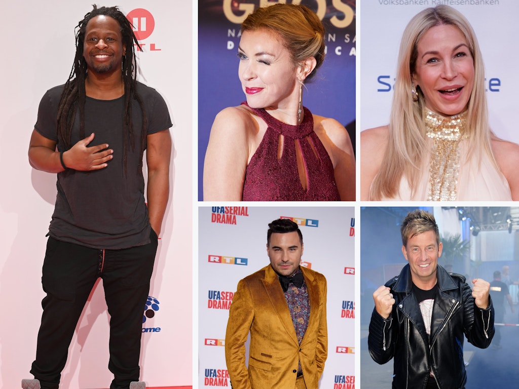 Moderator Mola Adebisi, Comedian und Musical-Darstellerin Janina Korn, Schauspielerin Michelle Monballijn, Schauspieler Lars Steinhöfel (unten, M) und Sänger Almklausi sind Kandidaten der acht Promipaare, die in „Das Sommerhaus der Stars“ eingezogen sind.