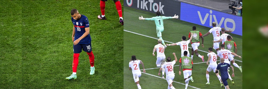Kylian Mbyppe hatte den entscheidenden Elfmeter verschossen. Yann Sommer und die Schweizer feiern.
