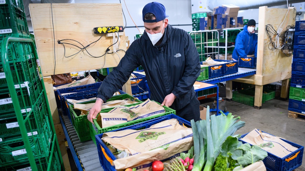 Dominik Böse, Chef des Warenlagers, verpackt mit Obst, Gemüse und Kräutern gefüllte Kisten für den Versand.