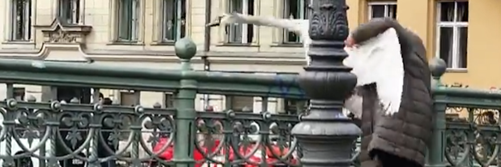 Szene aus dem Video: Die Berliner Oma rettet den Schwan, wirft ihn über die Admiralbrücke in den Kanal.