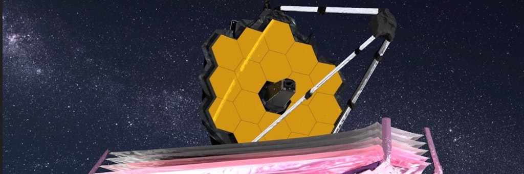 Die künstlerische Darstellung des „James Webb“-Weltraumteleskops im All zeigt alle Hauptelemente vollständig entfaltet. Der über sechs Meter große Hauptspiegel des Weltraumteleskops wurde jetzt vollständig ausgefahren.