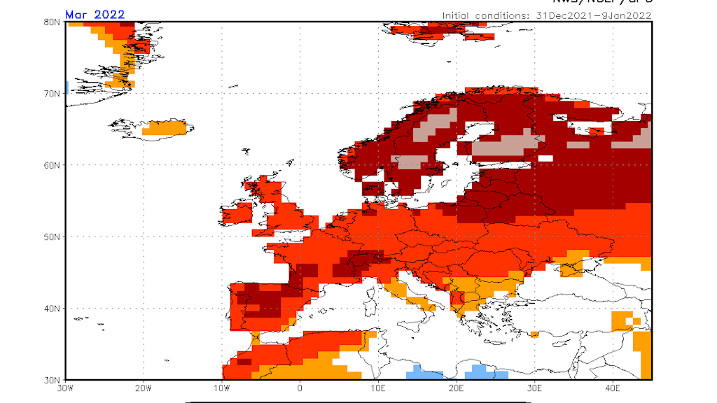Der März 2022 soll einer Langfristprognose rund 2 bis 3 Grad in Deutschland wärmer als das Klimamittel der Jahre 1991 bis 2020 ausfallen. In Nordeuropa könnte die Abweichung sogar bis zu 4 Grad betragen.