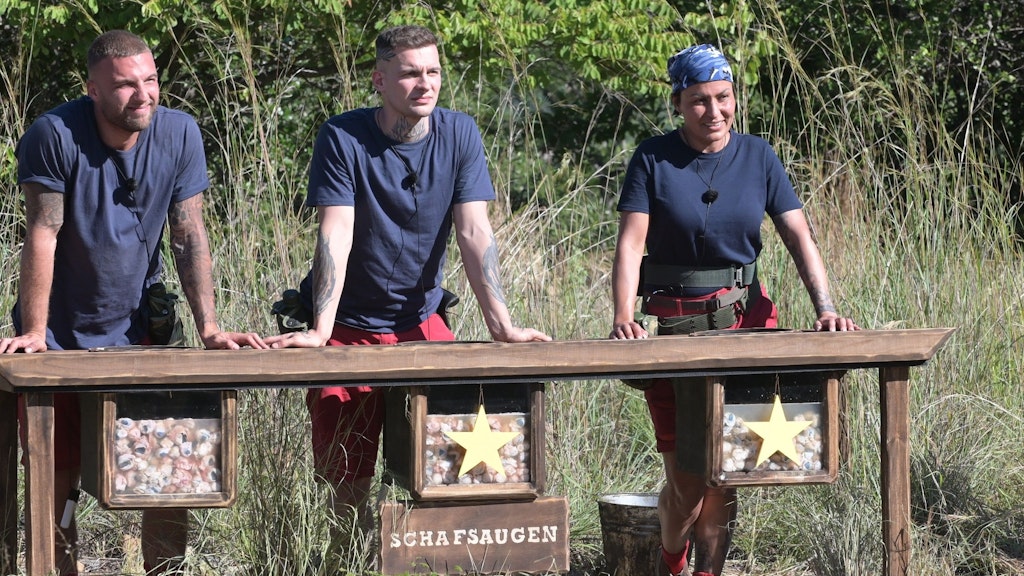 Dschungelcamp: Filip Pavlovic, Eric Stehfest und Jasmin Herren müssen ein Schafsauge essen.