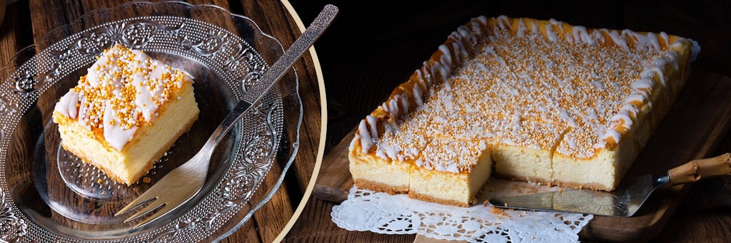 Käsekuchen vom Blech ist eine echte Nachmittags-Leckerei - und perfekt fürs Kaffeetrinken.
