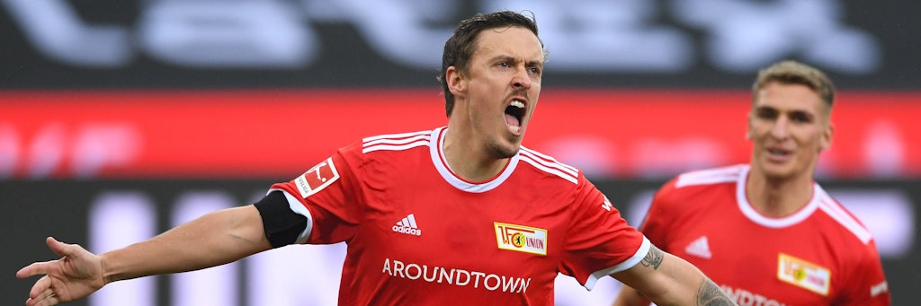 Unions Max Kruse jubelt nach einem von seinem beiden Treffern in Mönchengladbach. 
