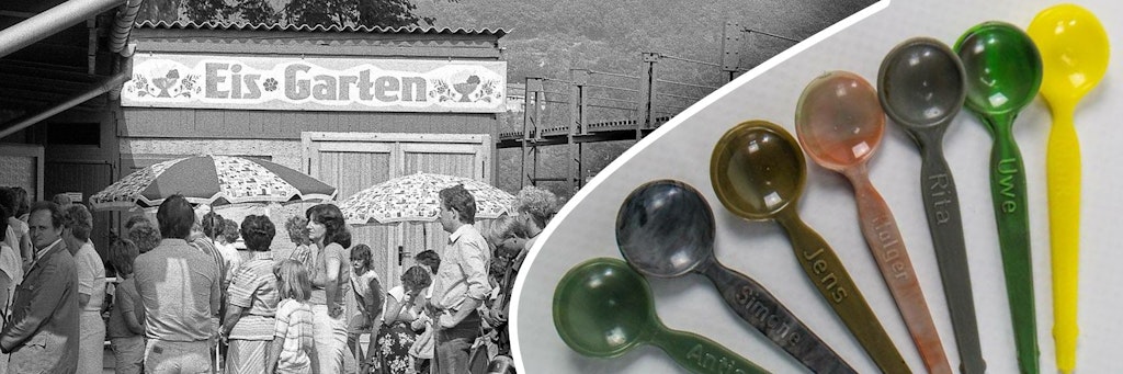 Links: Anstehen für Eis an einer Bude in Dresden. Rechts: Die Löffelchen sind heute noch Kult - und schlummern sogar im Depot des Berliner DDR Museum.