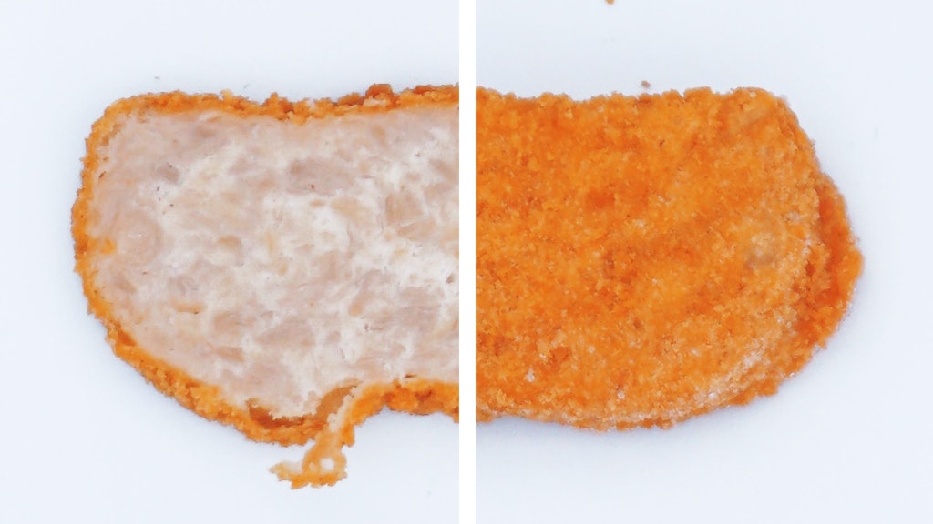 Die besten Veggie-Nuggets kommen von der Rügenwalder Mühle. Sie haben außen eine Panade aus Weizen, innen eine Soja-Füllung. 