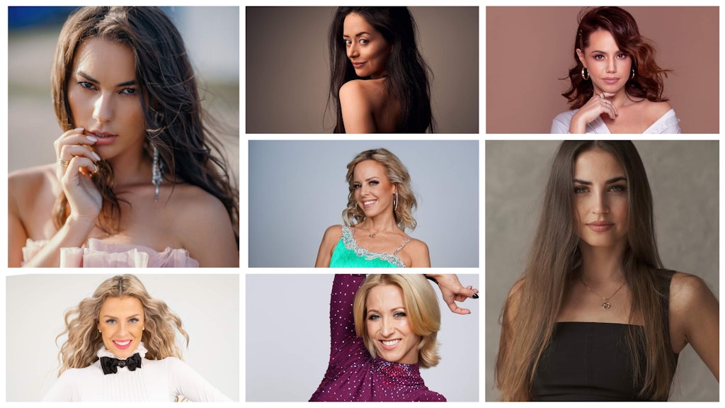 Vorjahressiegerin Renata Lusin (o. v. l.), Malika Dzumaev, Christina Luft, Isabel Edvardsson (Mitte) sowie Patricija Ionel, Kathrin Menzinger und Ekaterina Leonova (u. v. l.) tanzen als Profis bei „Let’s Dance.“