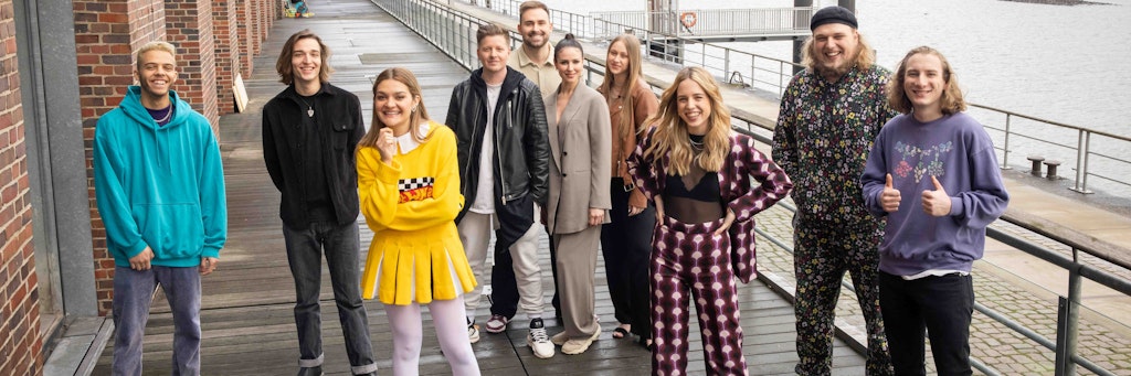 Die sechs Acts für den deutschen Vorentscheid zum ESC (v.l.): Malik Harris, Eros Atomus, Emily Roberts, Nico Suave & Team Liebe, Felicia Lu und Maël & Jonas.