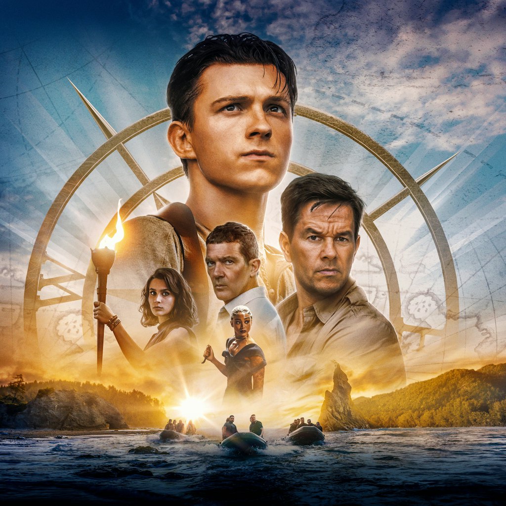Die „Uncharted“-Besetzung: de Ruben Fleischer, Mark Wahlberg, Tom Holland, Antonio Banderas und Sophia Taylor Ali.