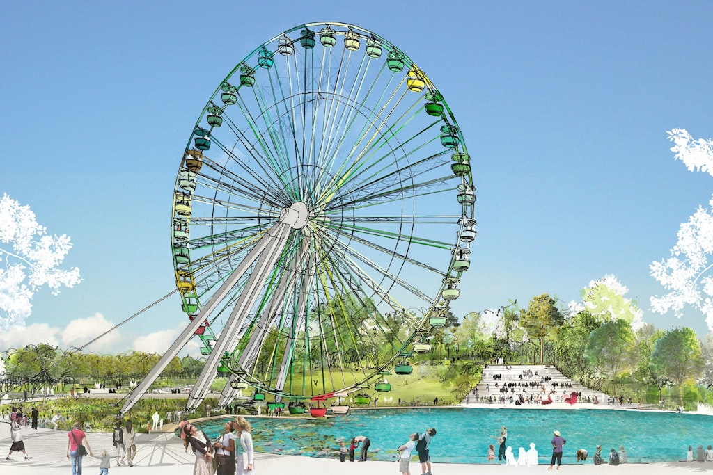 Ein kleiner See, über dem das historische Riesenrad seine Kreise dreht: So soll in Zukunft das Herz des Berliner Spreeparks aussehen.
