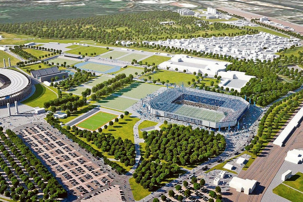 Die Visualisierung zeigt den möglichen Standort eines reinen Fußballstadions von Hertha BSC in der Nähe des Olympiastadions.