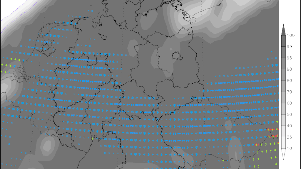 Die Wetterlage am Freitagabend: Schneefall in weiten Teilen Deutschlands. Unten meist nur nasser Schnee, in mittleren und höheren Lagen kann der Schnee auch liegen bleiben und für Behinderungen sorgen!