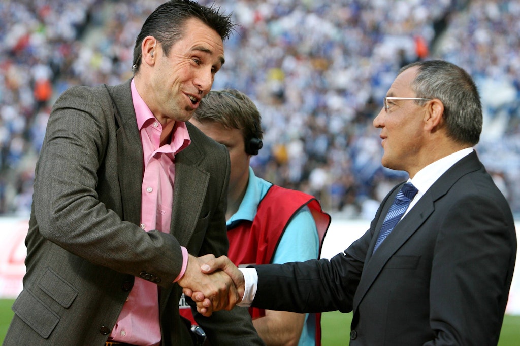 2007 begrüßte Herthas Ex-Manager Michael Preetz den jetzigen blau-weißen Coach Felix Magath als TV-Experten im Stadion.