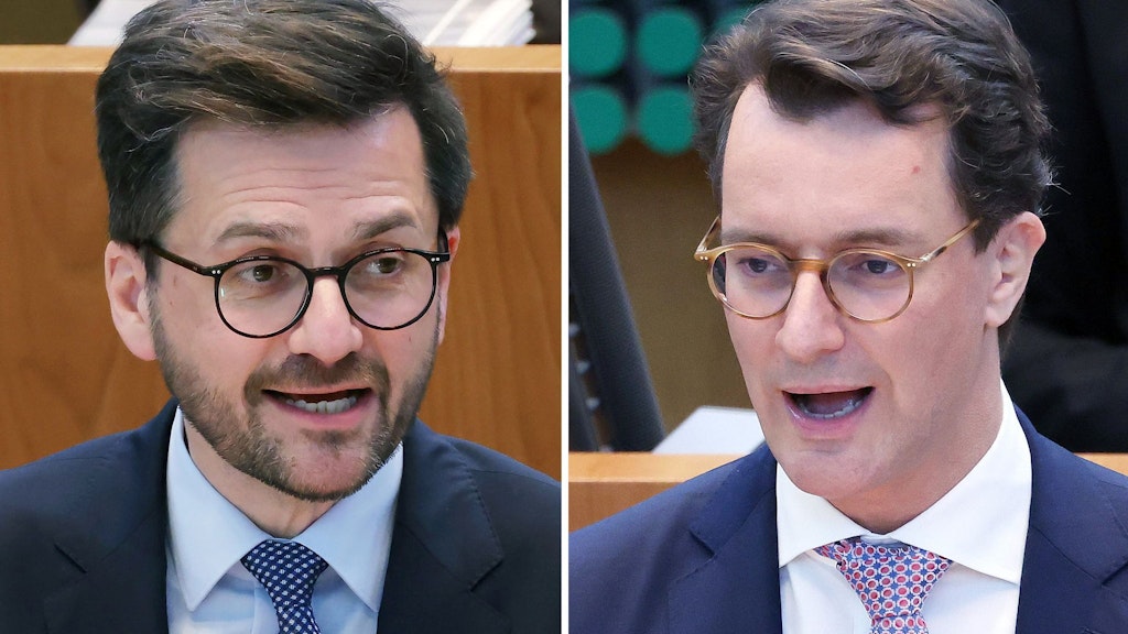 SPD-Spitzenkandidat Thomas Kutschaty (l.) fordert Ministerpräsident Hendrik Wüst (CDU) heraus.