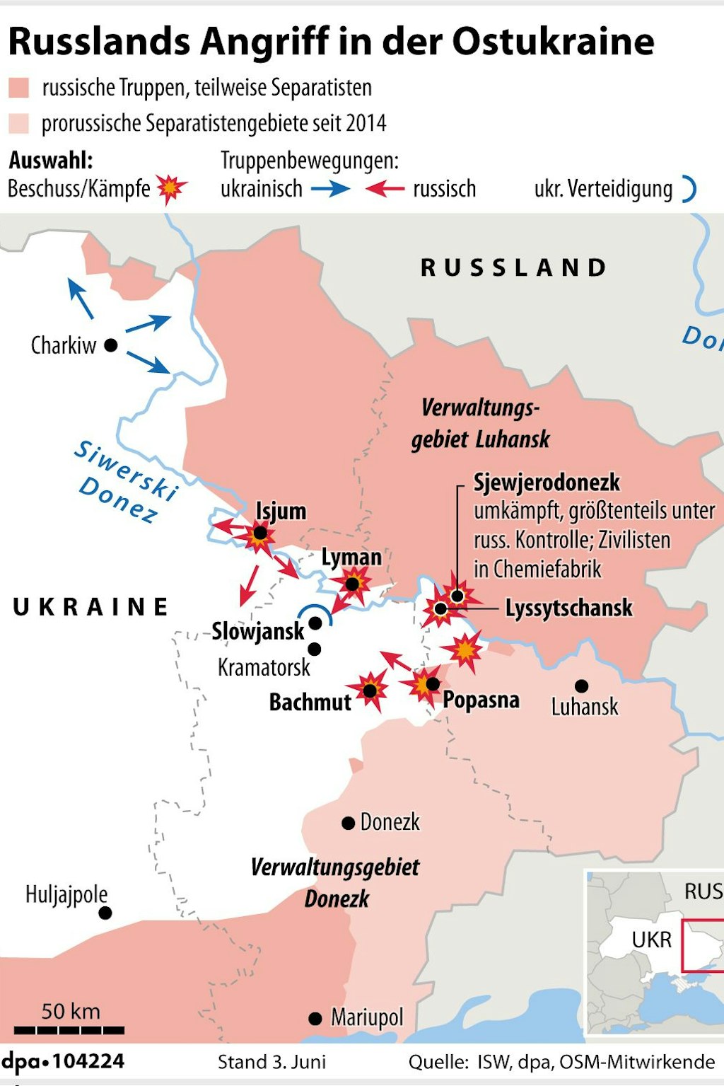 Die Grafik zeigt Russlands Vorstoß in der Ostukraine