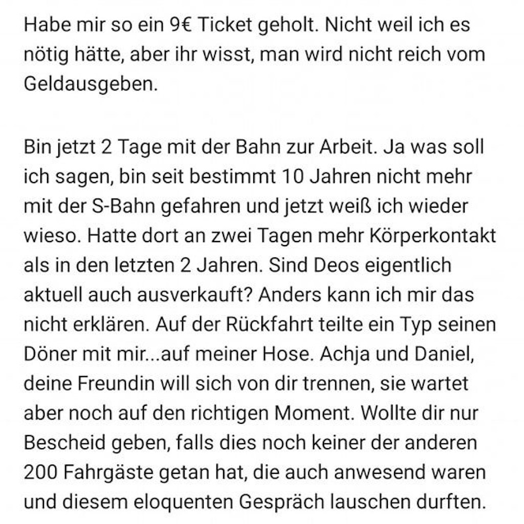 In dem Kommentar beschwert sich ein Nutzer über die Situation in der Bahn. Ob das Schreiben echt ist oder nicht, ist unklar.