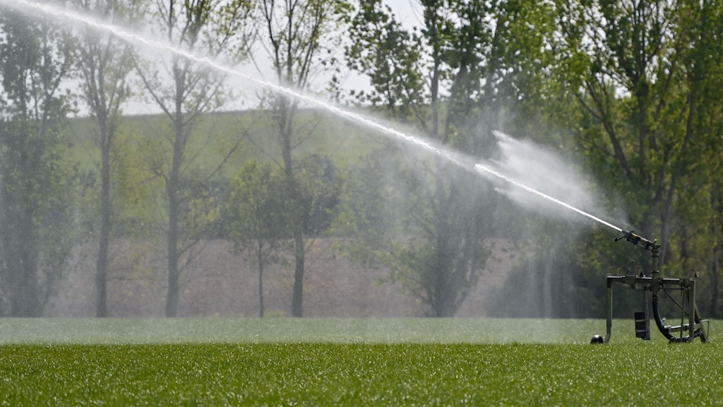 Beeskow: Ein Feld wird mit einem Wassersprenger künstlich beregnet. Brandenburg ist von Jahr zu Jahr mehr von Trockenheit betroffen. Das Land um Berlin leidet zudem unter den sandigen Böden, die den Regen nicht lange halten können.
