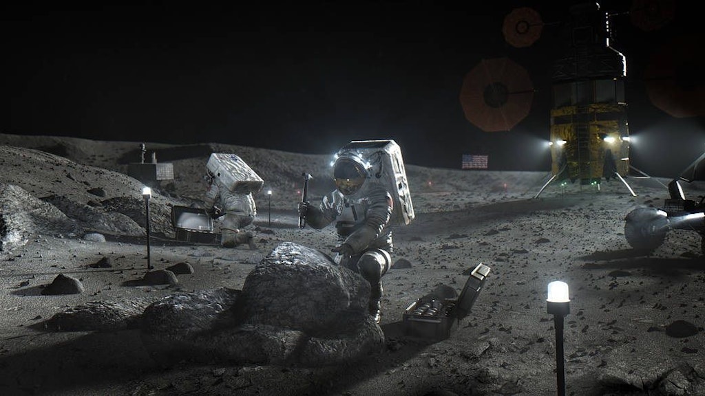 Eine grafische Darstellung zeigt Artemis-Astronauten auf dem Mond. Die Nasa hat große Pläne für ihre bemannte Raumfahrt.