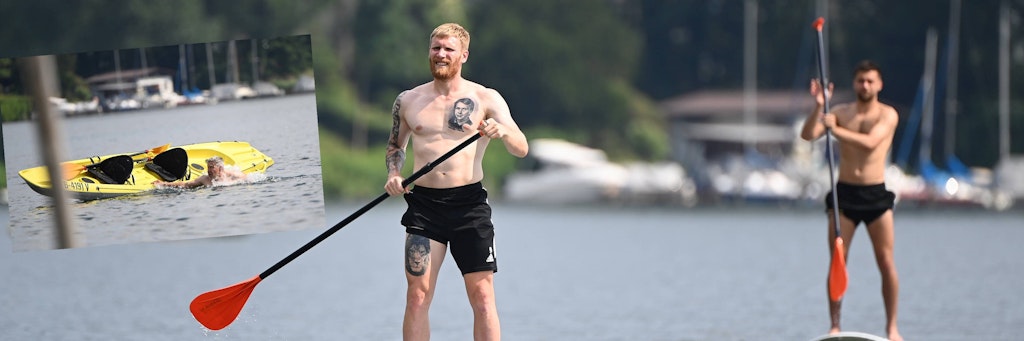 Andreas Voglsammer und Neuzugang Milos Pantovic (r.) schauten vom Stand-up-Paddle-Board Union-Trainer Urs Fischer beim Baden zu.