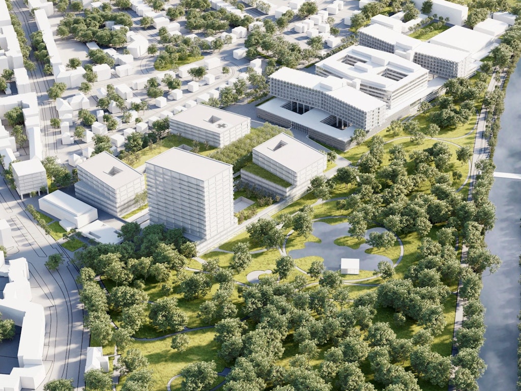 Das Modell der Erweiterung des „Benjamin Franklin“: Vorn das Hochhaus und die drei niedrigeren Neubauten entlang der Allee, die vom Hindenburgdamm zum Hauptgebäude führt. Der große Parkplatz ist ebenso verschwunden wie die Hubschrauber-Station am Teltowkanal.