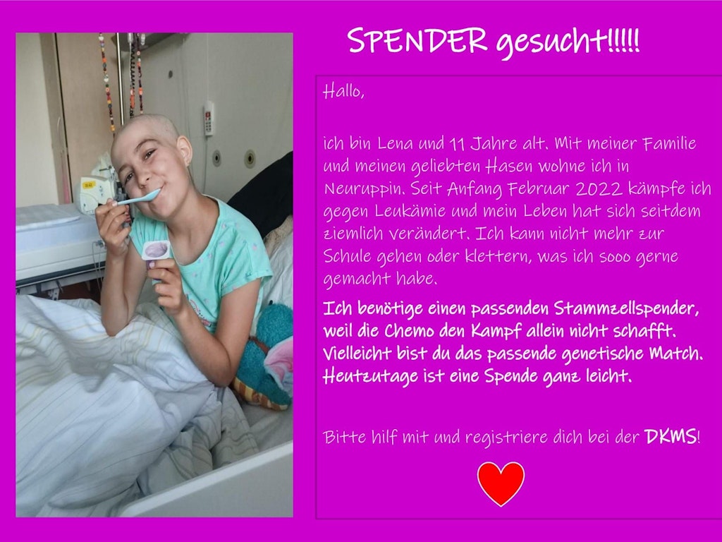 Mit diesem Aufruf sucht Lena nach einem Stammzellenspender.