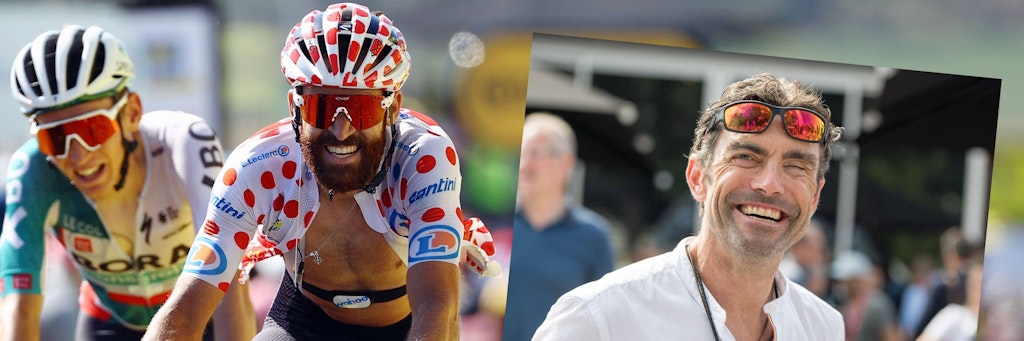 Berlins Radprofi Simon Geschke (36) könnte als erster Deutscher Paris im Bergtrikot erreichen. Gelingt ihm das, droht ihm eine Rasur durch Ex-Radstar Marcel Wüst (r.).